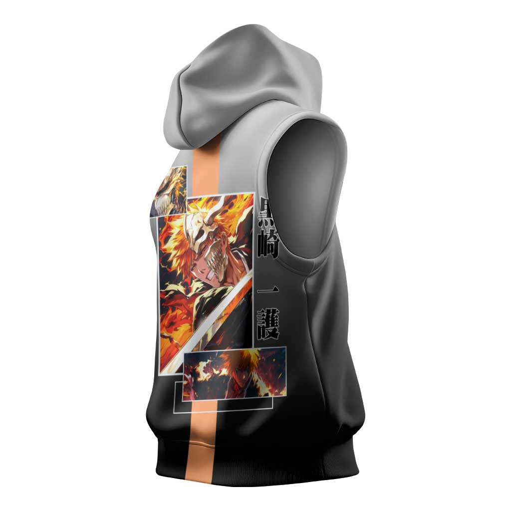 Ichigo Kurosaki Bleach Sleeveless Hoodie with Bankai Sword and Intense Battle Pose Design - The Mazicc