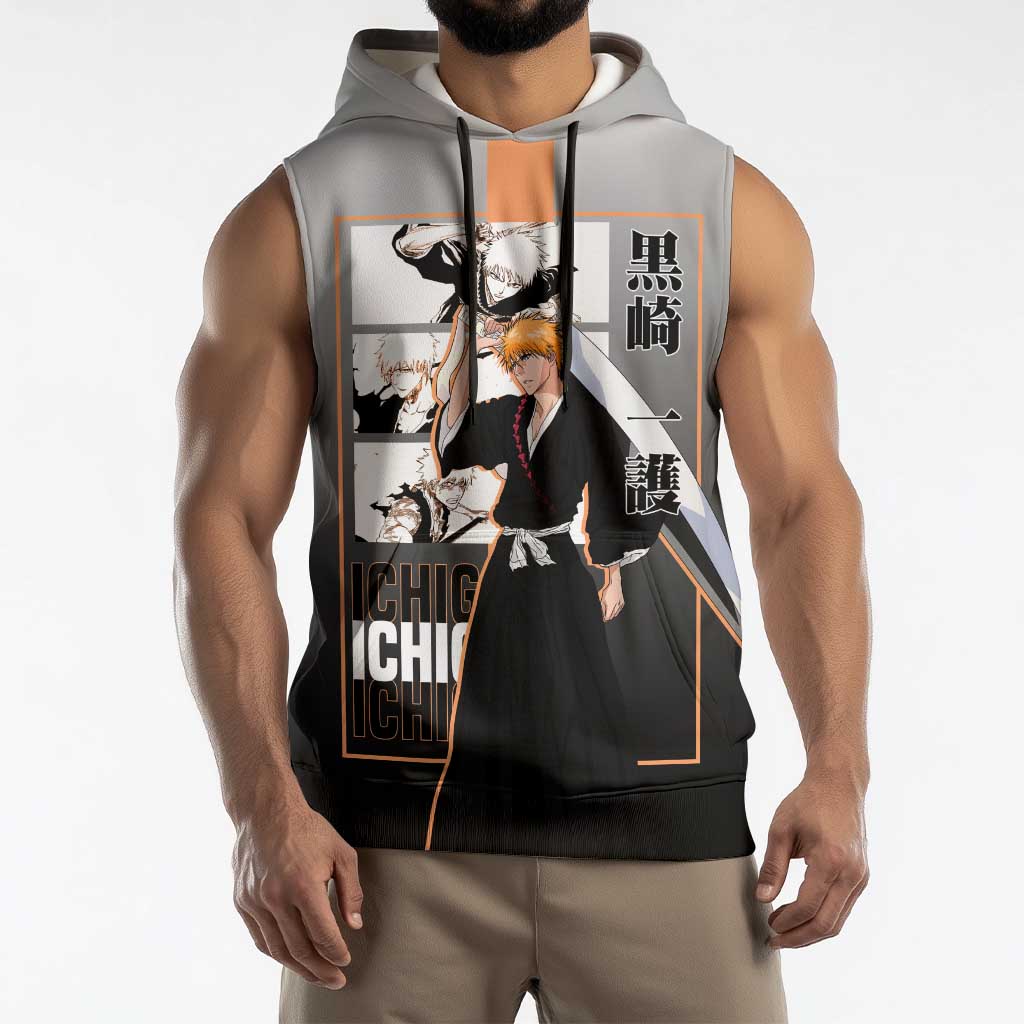 Ichigo Kurosaki Bleach Sleeveless Hoodie with Bankai Sword and Intense Battle Pose Design - The Mazicc