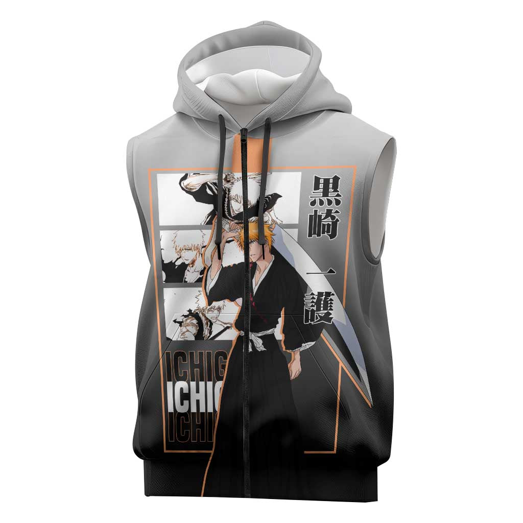 Ichigo Kurosaki Bleach Sleeveless Zip Hoodie with Bankai Sword and Intense Battle Pose Design - The Mazicc