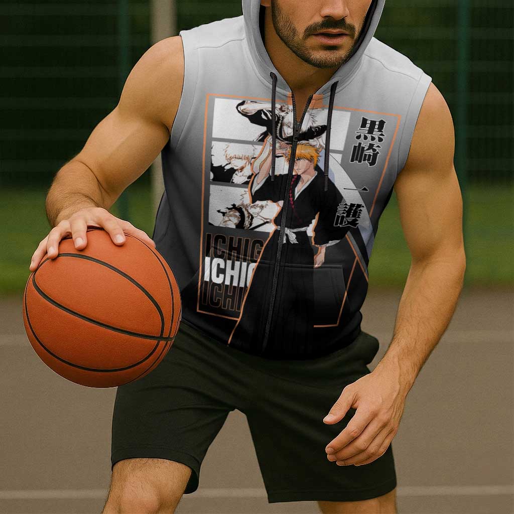 Ichigo Kurosaki Bleach Sleeveless Zip Hoodie with Bankai Sword and Intense Battle Pose Design - The Mazicc