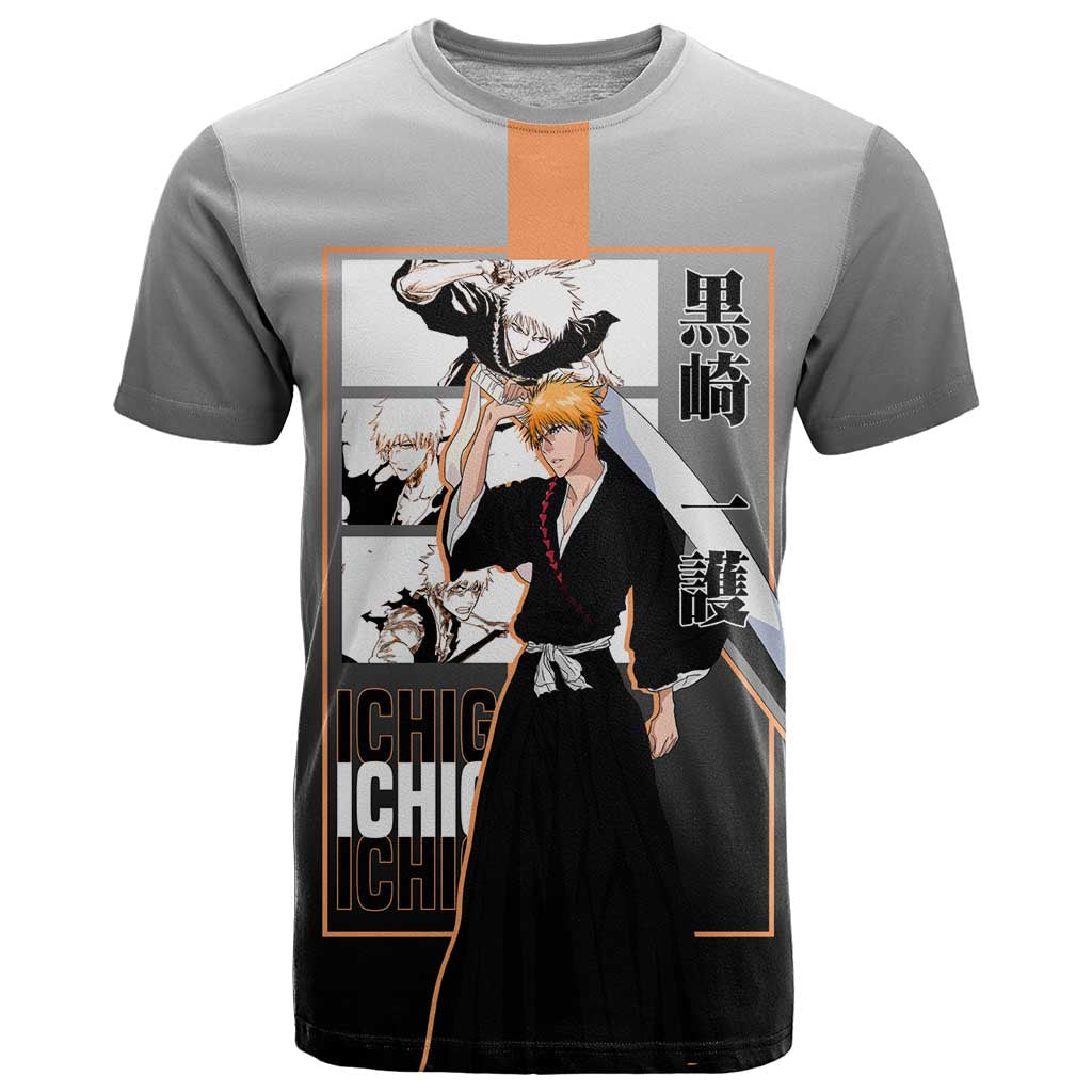 Ichigo Kurosaki Bleach T Shirt with Bankai Sword and Intense Battle Pose Design - The Mazicc