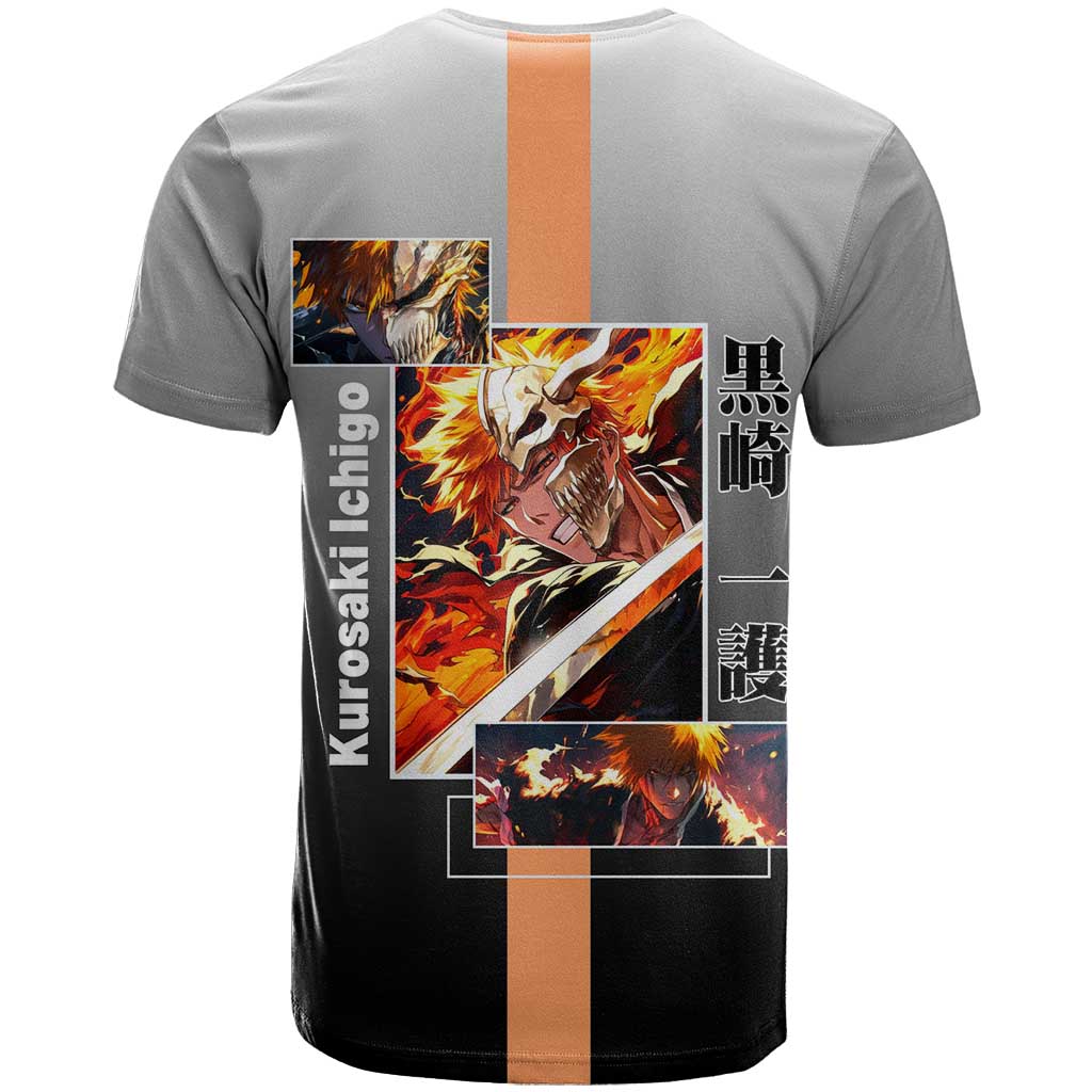Ichigo Kurosaki Bleach T Shirt with Bankai Sword and Intense Battle Pose Design - The Mazicc