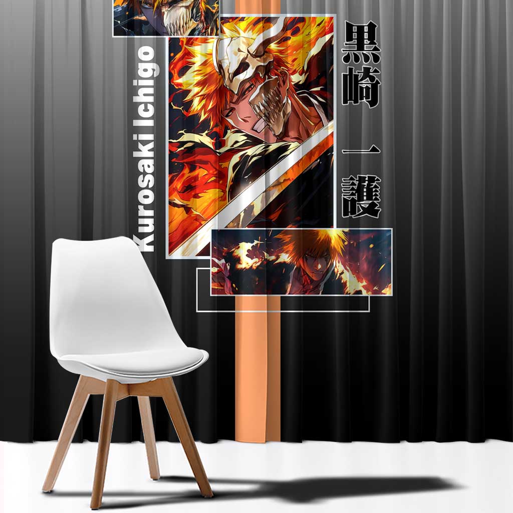 Ichigo Kurosaki Bleach Window Curtain with Bankai Sword and Intense Battle Pose Design - The Mazicc