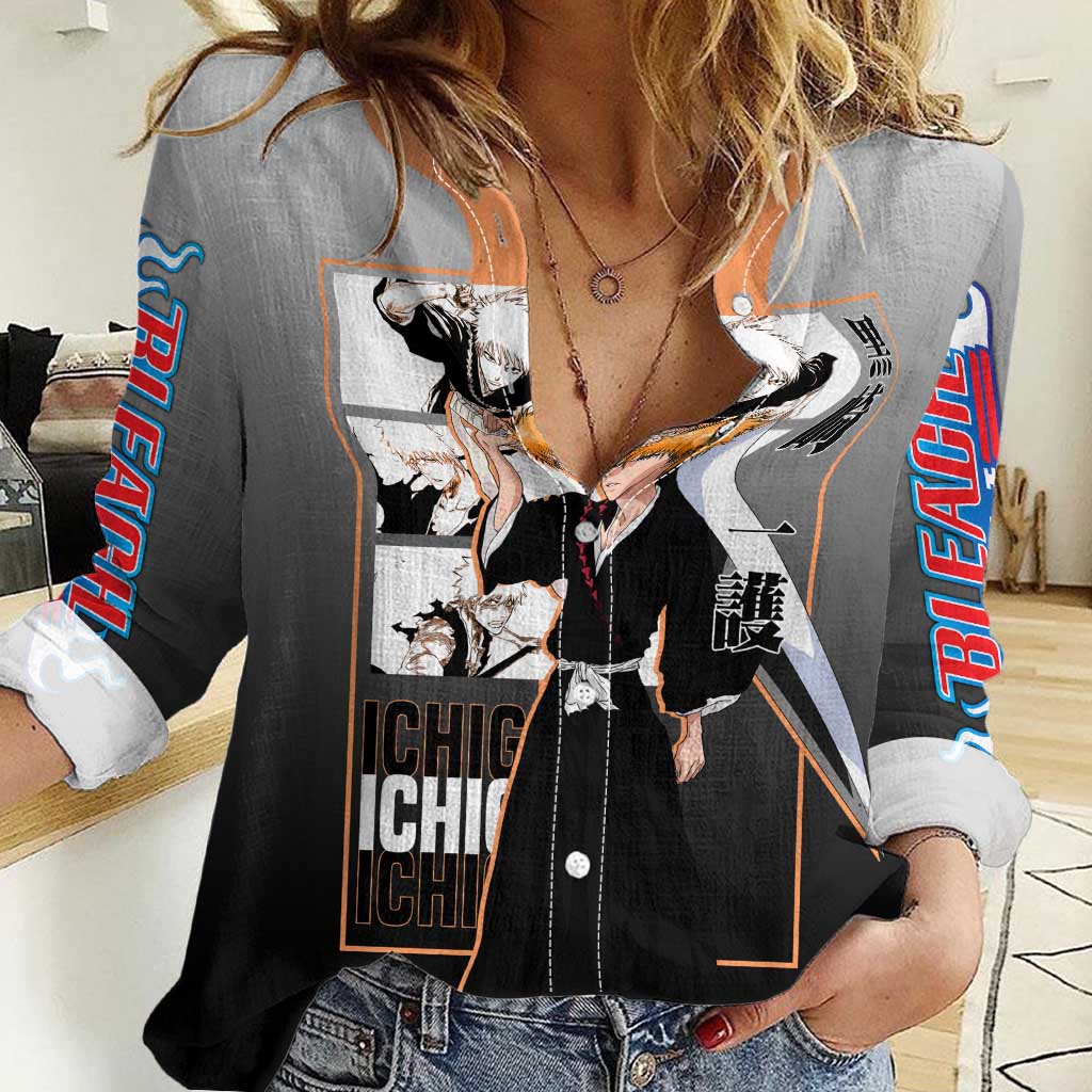 Ichigo Kurosaki Bleach Women Casual Shirt with Bankai Sword and Intense Battle Pose Design - The Mazicc