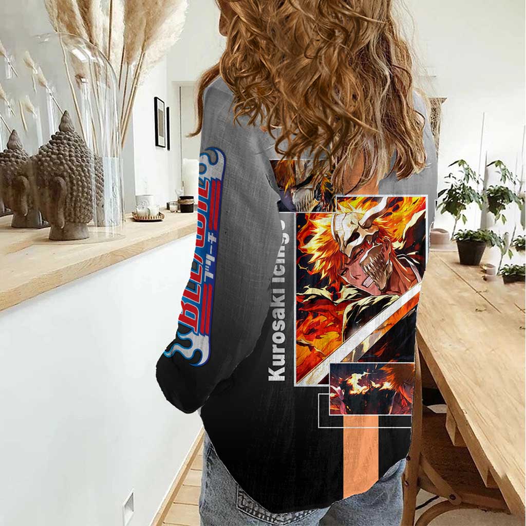 Ichigo Kurosaki Bleach Women Casual Shirt with Bankai Sword and Intense Battle Pose Design - The Mazicc