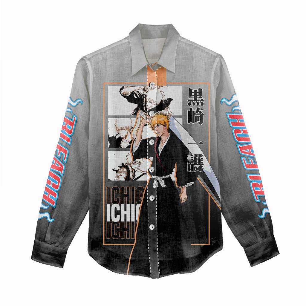 Ichigo Kurosaki Bleach Women Casual Shirt with Bankai Sword and Intense Battle Pose Design - The Mazicc