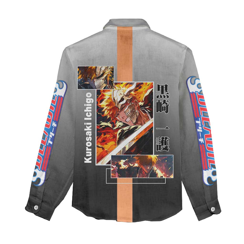 Ichigo Kurosaki Bleach Women Casual Shirt with Bankai Sword and Intense Battle Pose Design - The Mazicc