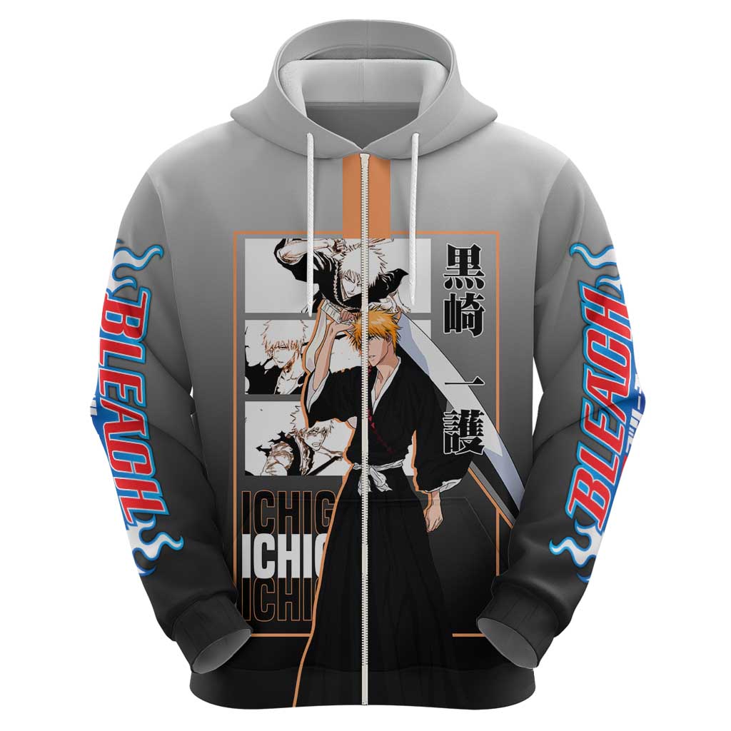 Ichigo Kurosaki Bleach Zip Hoodie with Bankai Sword and Intense Battle Pose Design - The Mazicc