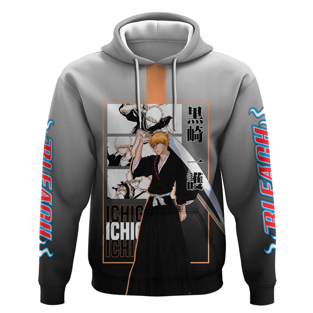 Ichigo Kurosaki Bleach Zip Hoodie with Bankai Sword and Intense Battle Pose Design - The Mazicc