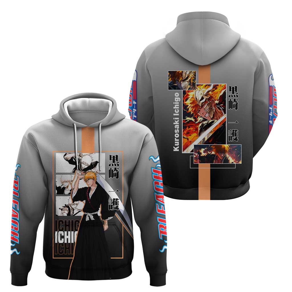 Ichigo Kurosaki Bleach Zip Hoodie with Bankai Sword and Intense Battle Pose Design - The Mazicc