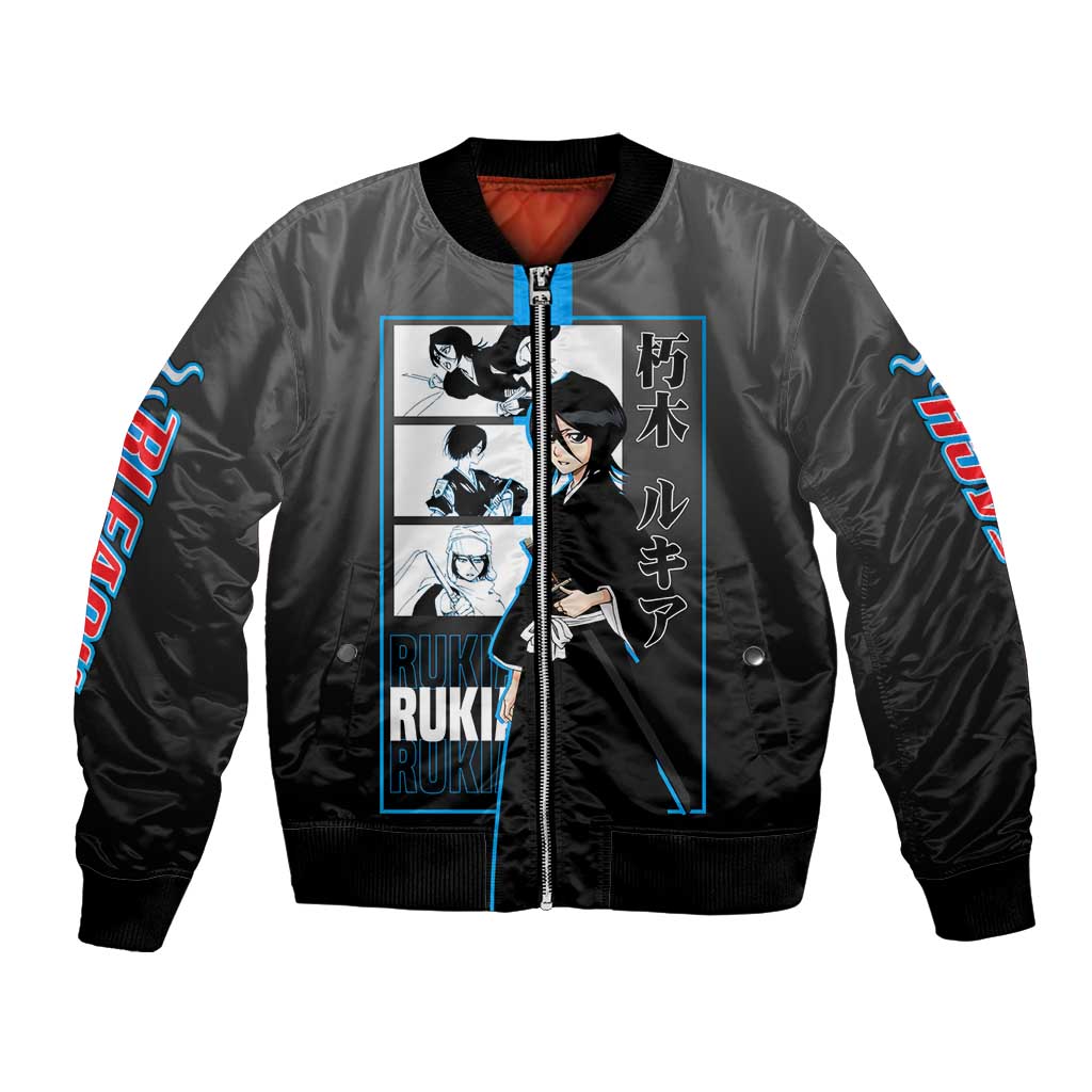 Rukia Kuchiki Bleach Bomber Jacket with Zanpakuto and Elegant Combat Pose Design - The Mazicc