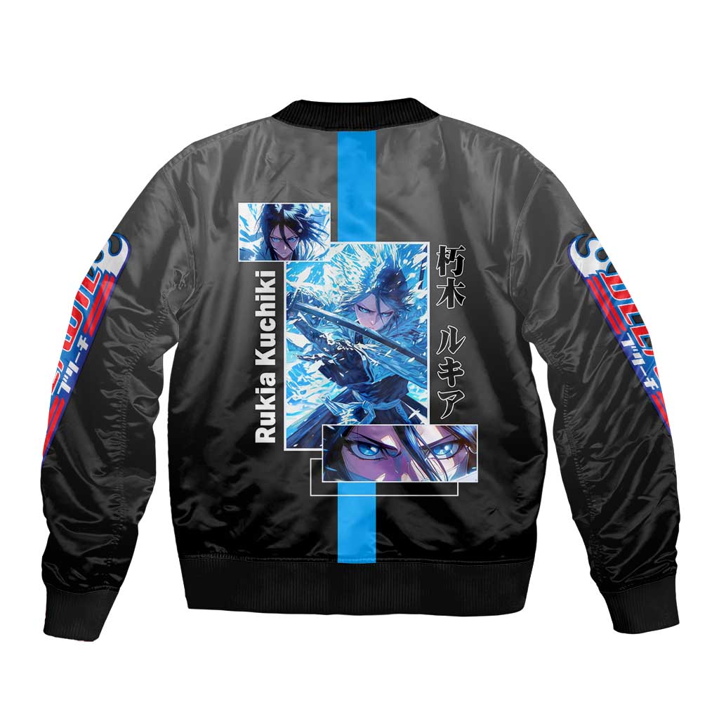 Rukia Kuchiki Bleach Bomber Jacket with Zanpakuto and Elegant Combat Pose Design - The Mazicc
