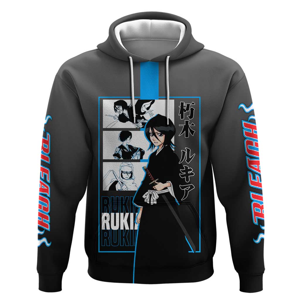 Rukia Kuchiki Bleach Hoodie with Zanpakuto and Elegant Combat Pose Design - The Mazicc