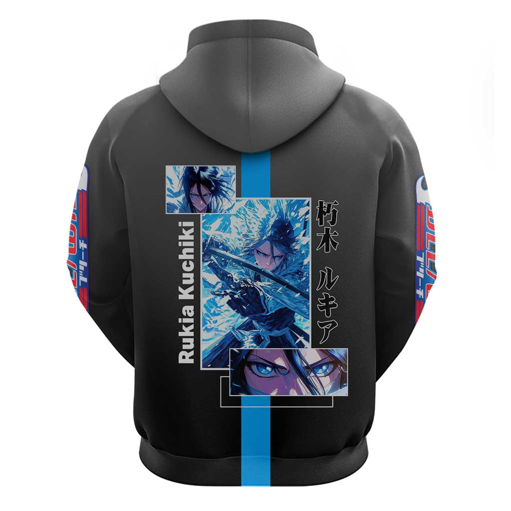 Rukia Kuchiki Bleach Hoodie with Zanpakuto and Elegant Combat Pose Design - The Mazicc