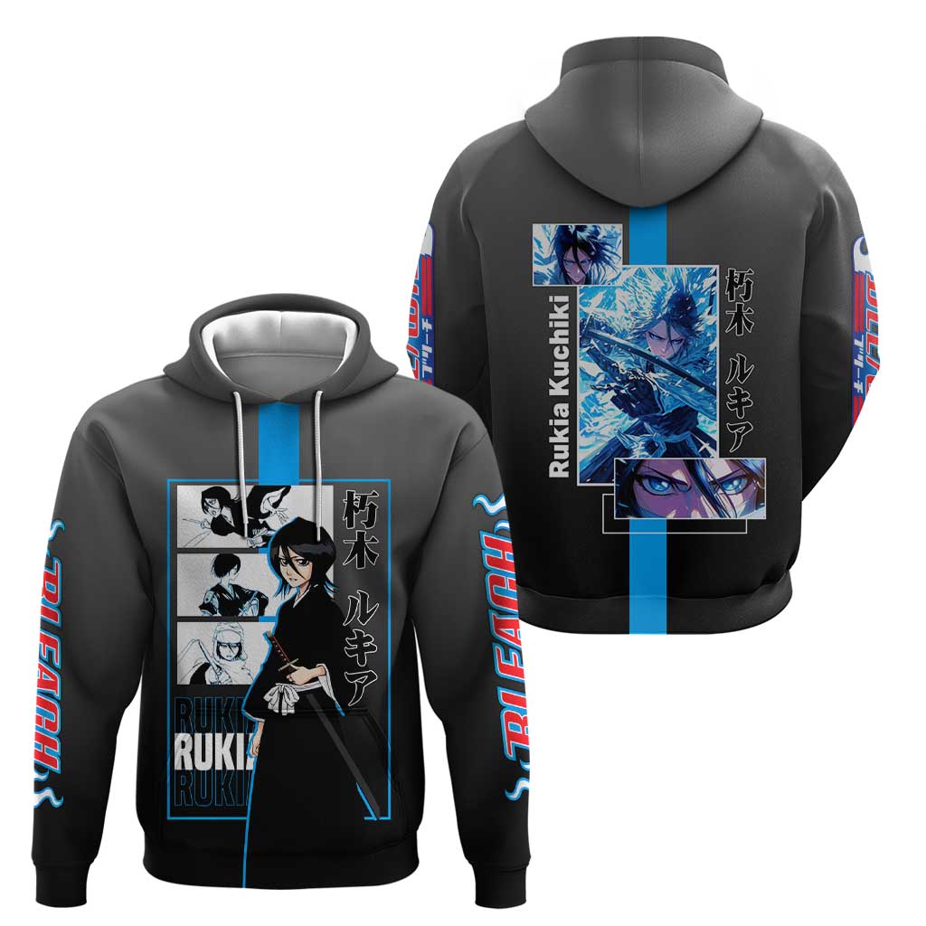 Rukia Kuchiki Bleach Hoodie with Zanpakuto and Elegant Combat Pose Design - The Mazicc