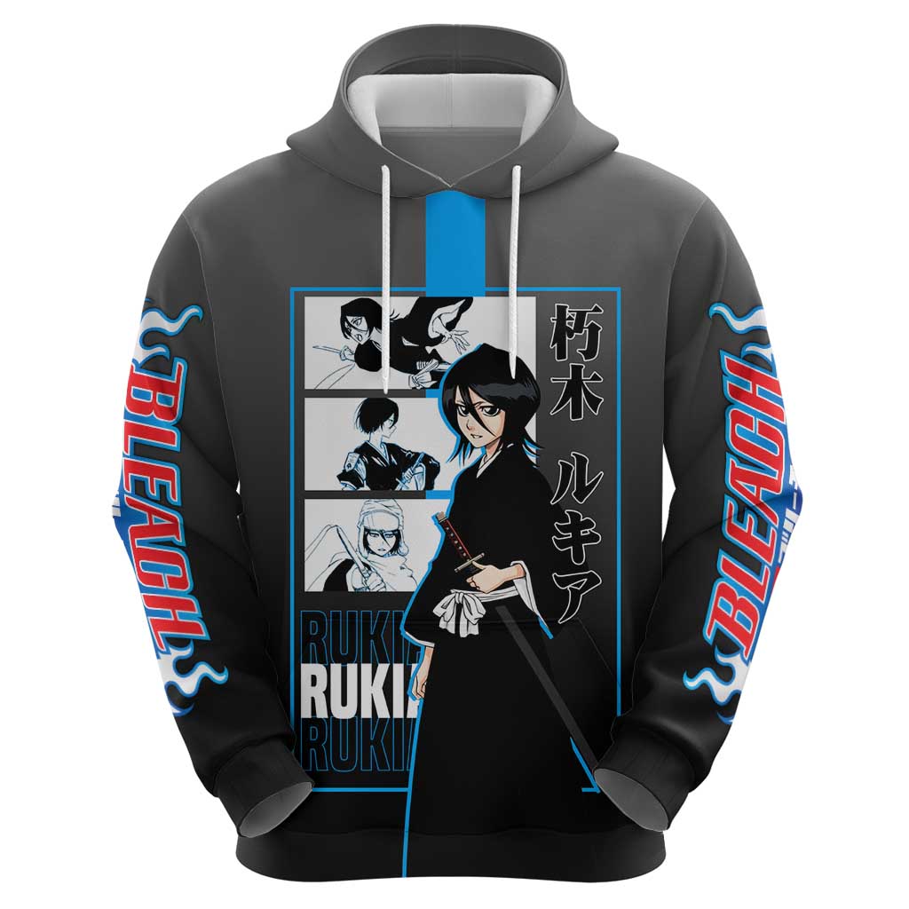 Rukia Kuchiki Bleach Hoodie with Zanpakuto and Elegant Combat Pose Design - The Mazicc