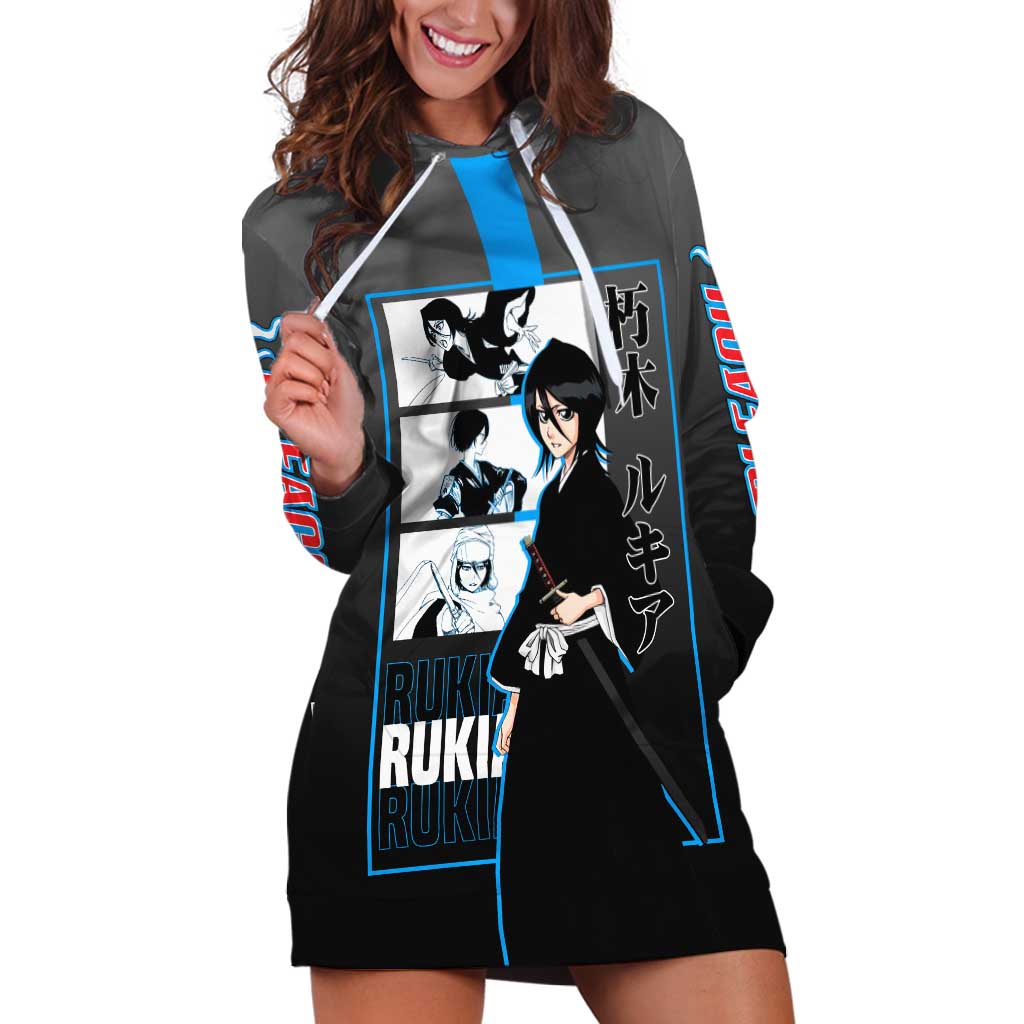 Rukia Kuchiki Bleach Hoodie Dress with Zanpakuto and Elegant Combat Pose Design - The Mazicc
