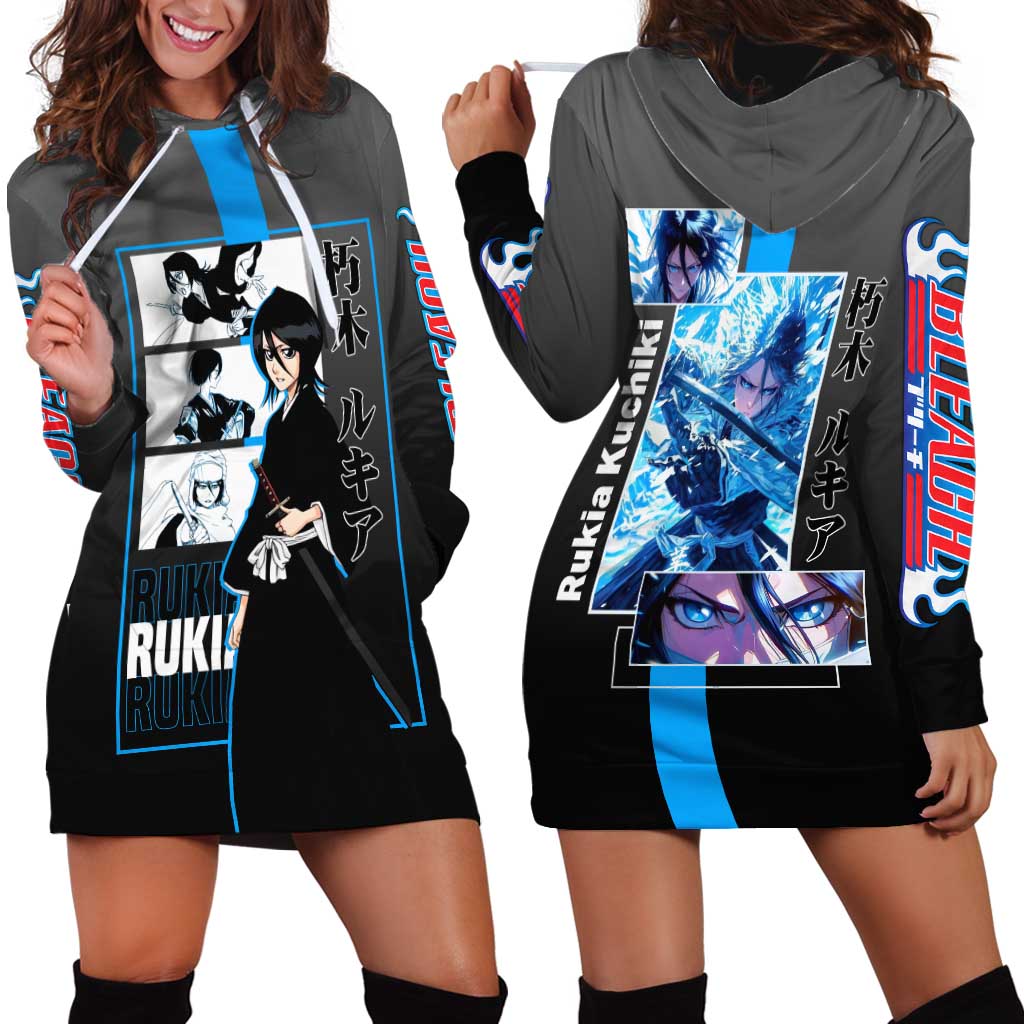Rukia Kuchiki Bleach Hoodie Dress with Zanpakuto and Elegant Combat Pose Design - The Mazicc