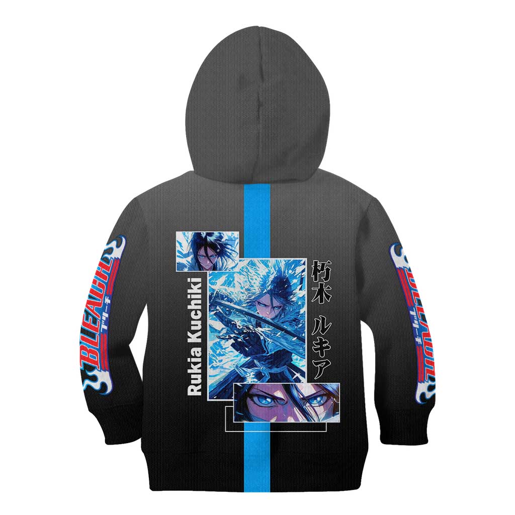 Rukia Kuchiki Bleach Kid Hoodie with Zanpakuto and Elegant Combat Pose Design - The Mazicc