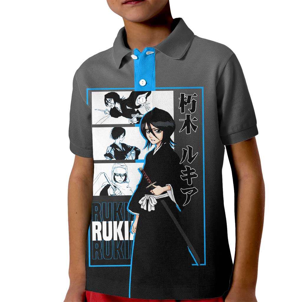 Rukia Kuchiki Bleach Kid Polo Shirt with Zanpakuto and Elegant Combat Pose Design - The Mazicc