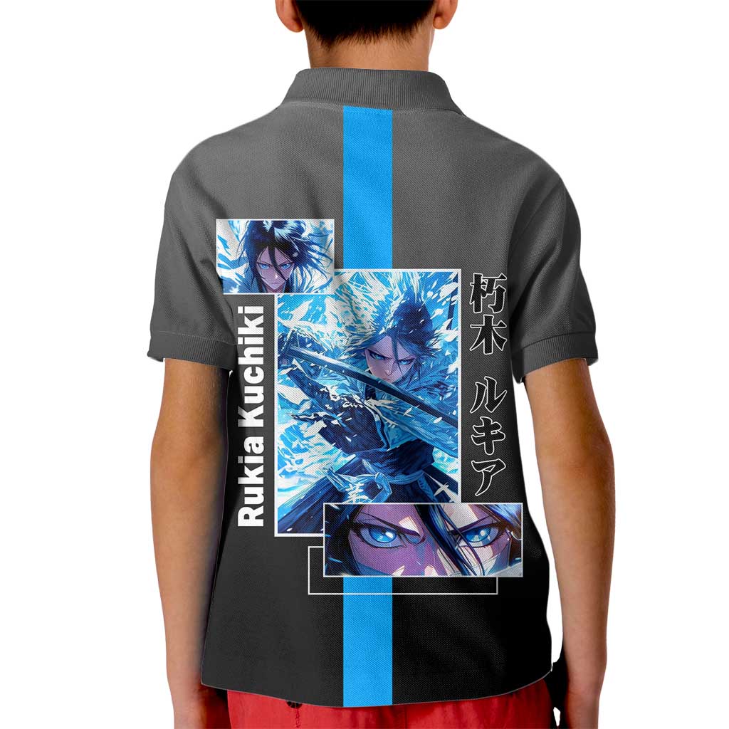 Rukia Kuchiki Bleach Kid Polo Shirt with Zanpakuto and Elegant Combat Pose Design - The Mazicc