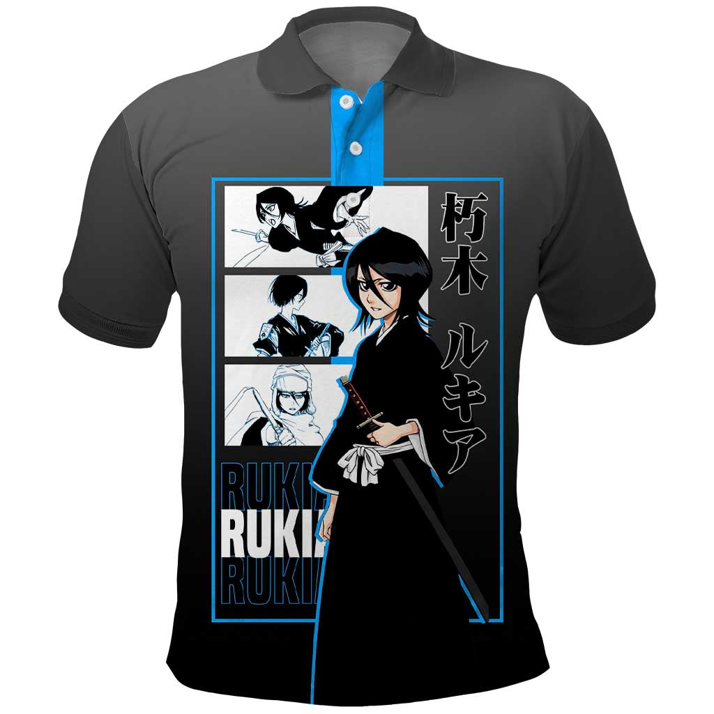 Rukia Kuchiki Bleach Polo Shirt with Zanpakuto and Elegant Combat Pose Design - The Mazicc