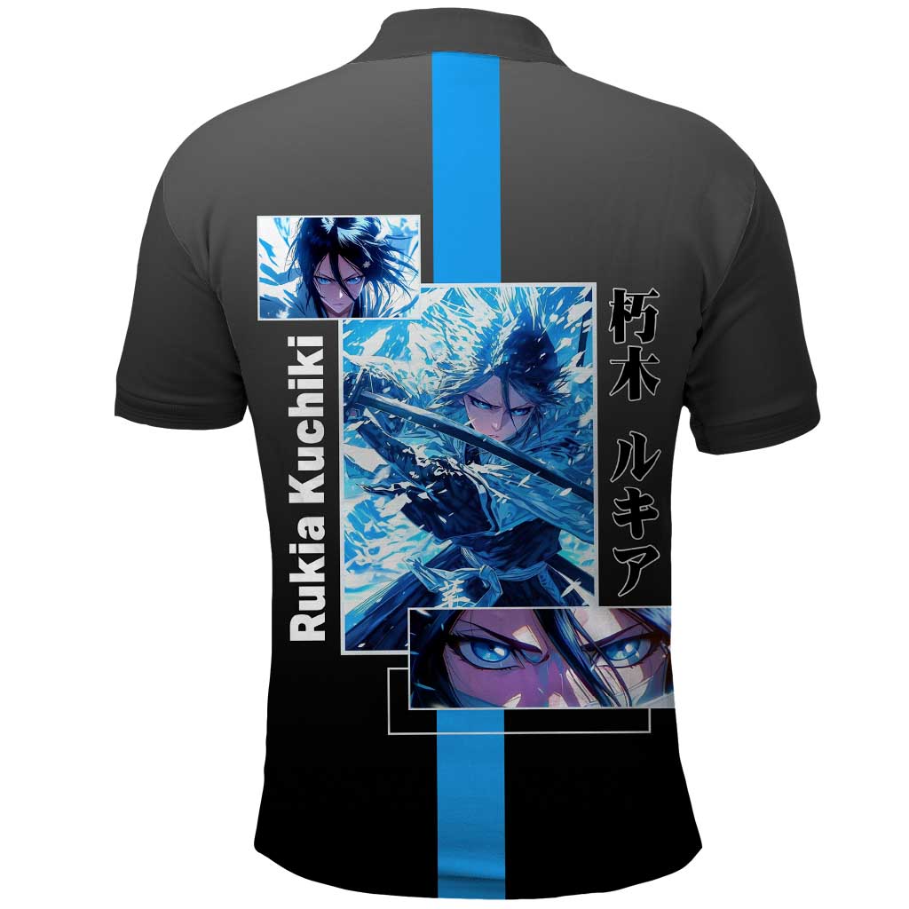 Rukia Kuchiki Bleach Polo Shirt with Zanpakuto and Elegant Combat Pose Design - The Mazicc