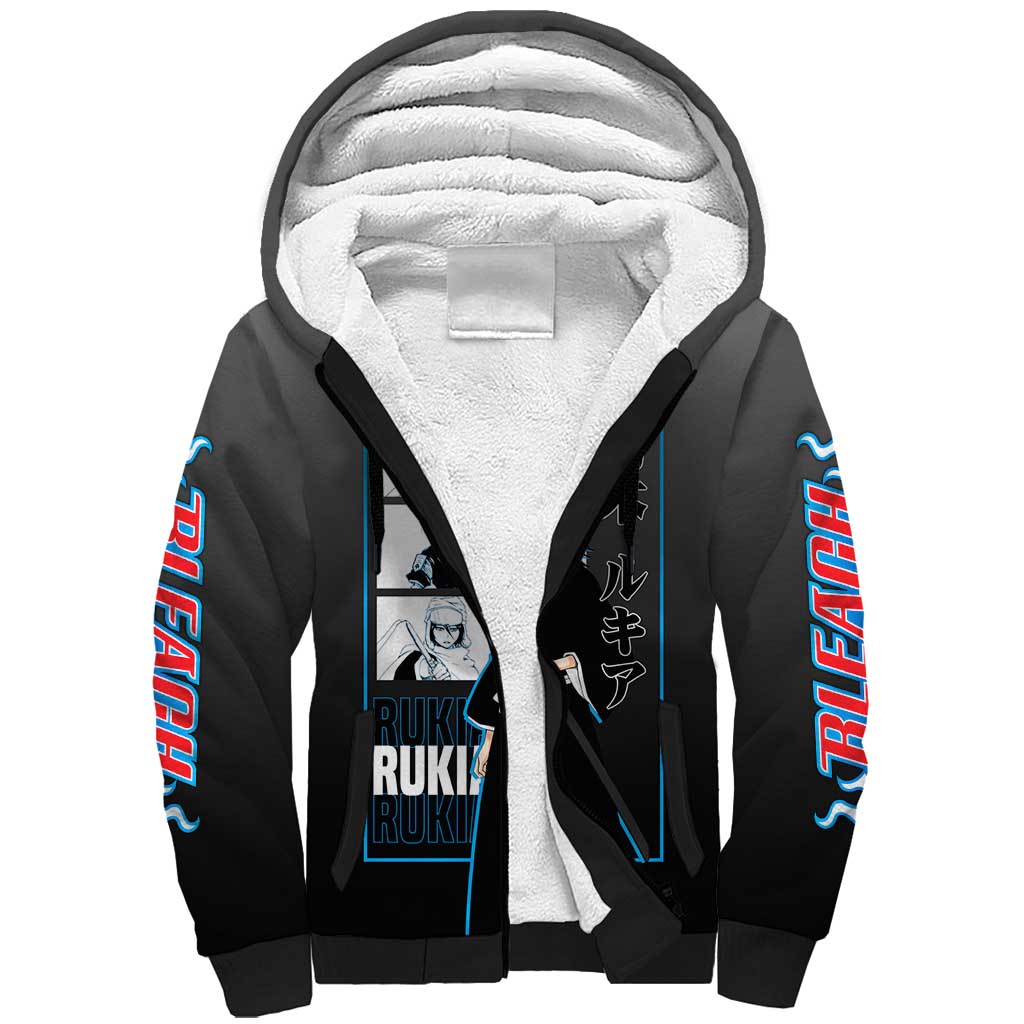 Rukia Kuchiki Bleach Sherpa Hoodie with Zanpakuto and Elegant Combat Pose Design - The Mazicc
