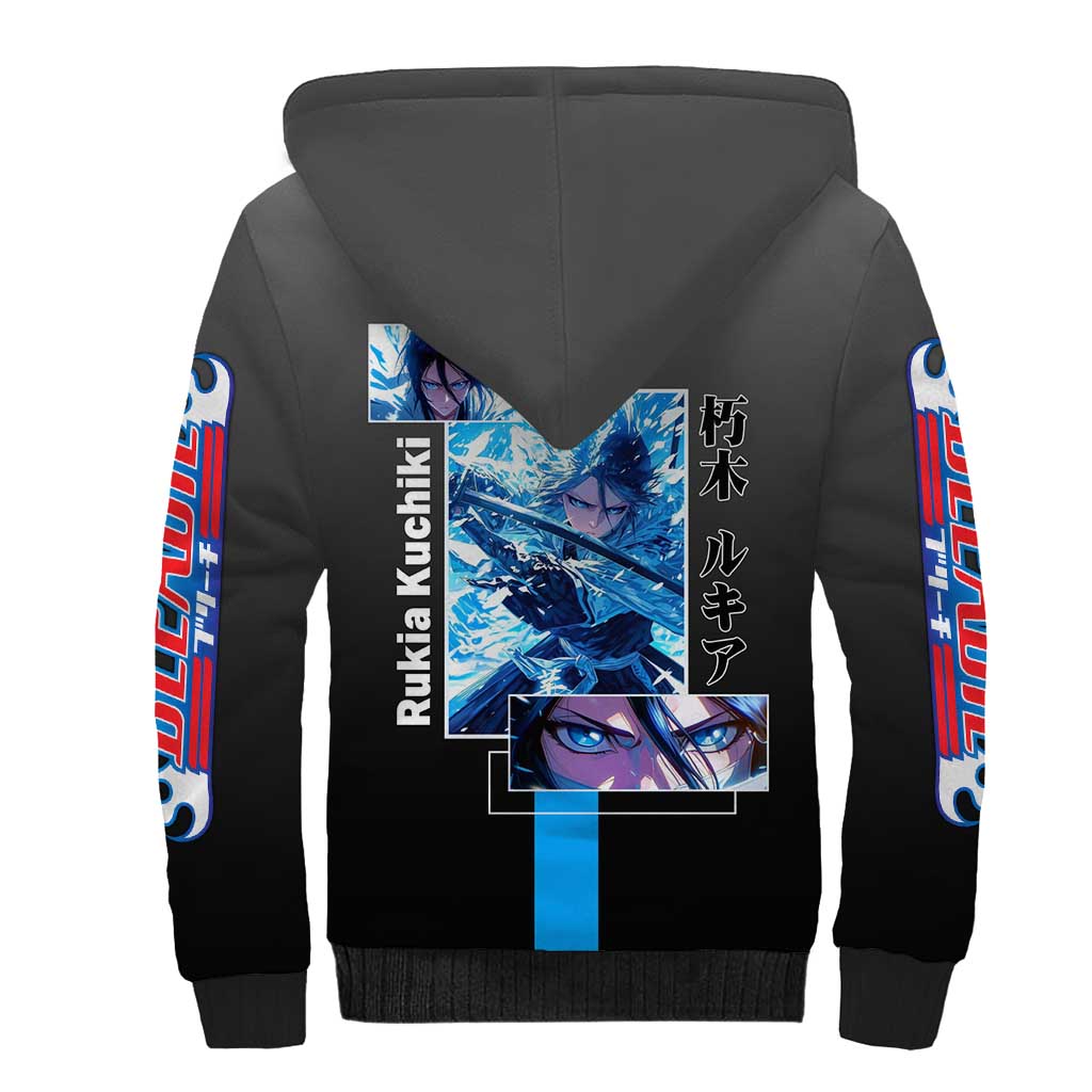 Rukia Kuchiki Bleach Sherpa Hoodie with Zanpakuto and Elegant Combat Pose Design - The Mazicc