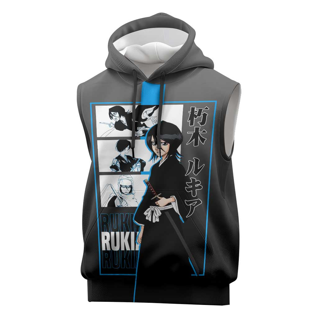Rukia Kuchiki Bleach Sleeveless Hoodie with Zanpakuto and Elegant Combat Pose Design - The Mazicc