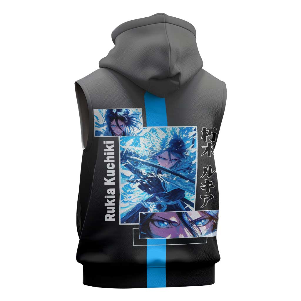 Rukia Kuchiki Bleach Sleeveless Hoodie with Zanpakuto and Elegant Combat Pose Design - The Mazicc