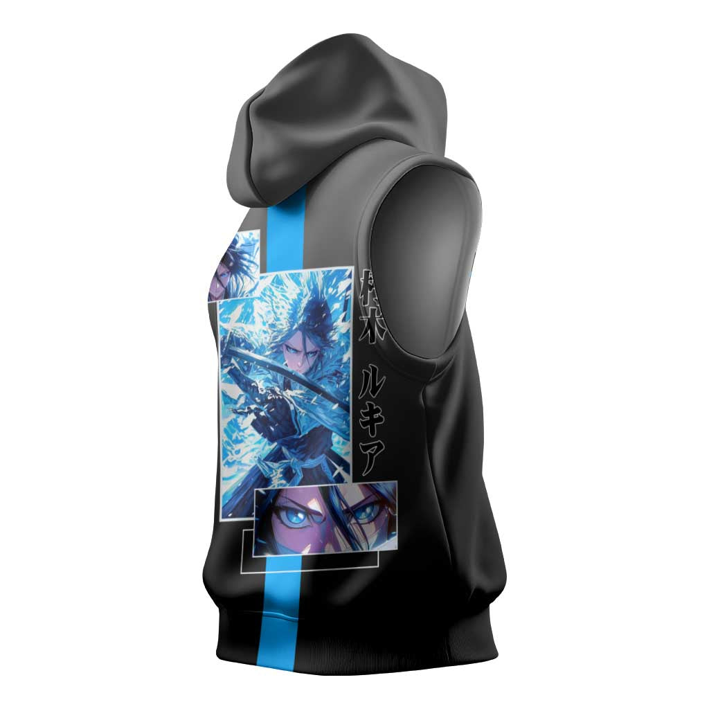 Rukia Kuchiki Bleach Sleeveless Hoodie with Zanpakuto and Elegant Combat Pose Design - The Mazicc