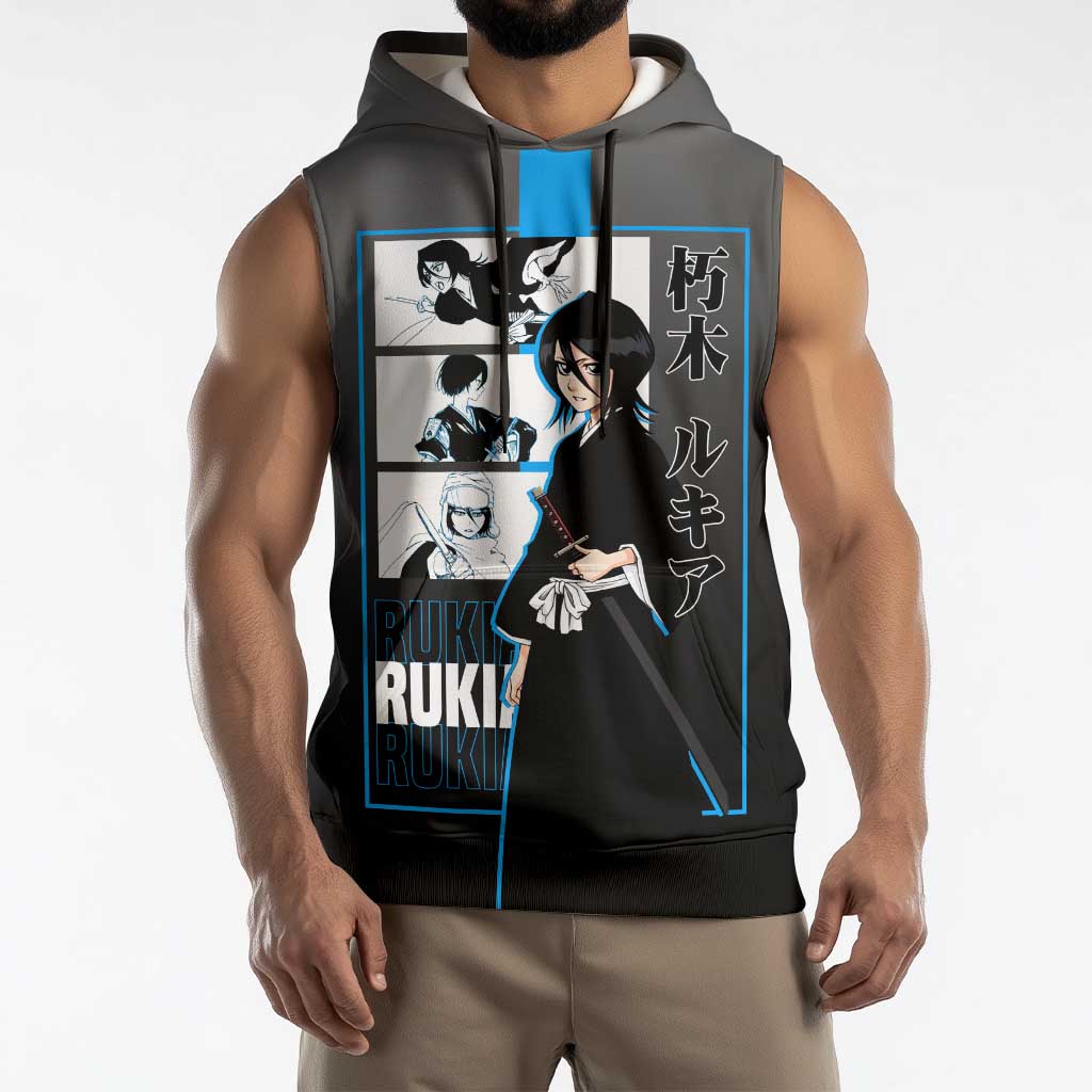 Rukia Kuchiki Bleach Sleeveless Hoodie with Zanpakuto and Elegant Combat Pose Design - The Mazicc