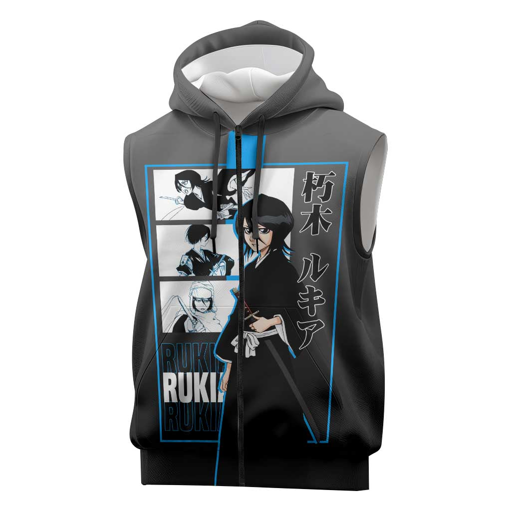 Rukia Kuchiki Bleach Sleeveless Zip Hoodie with Zanpakuto and Elegant Combat Pose Design - The Mazicc