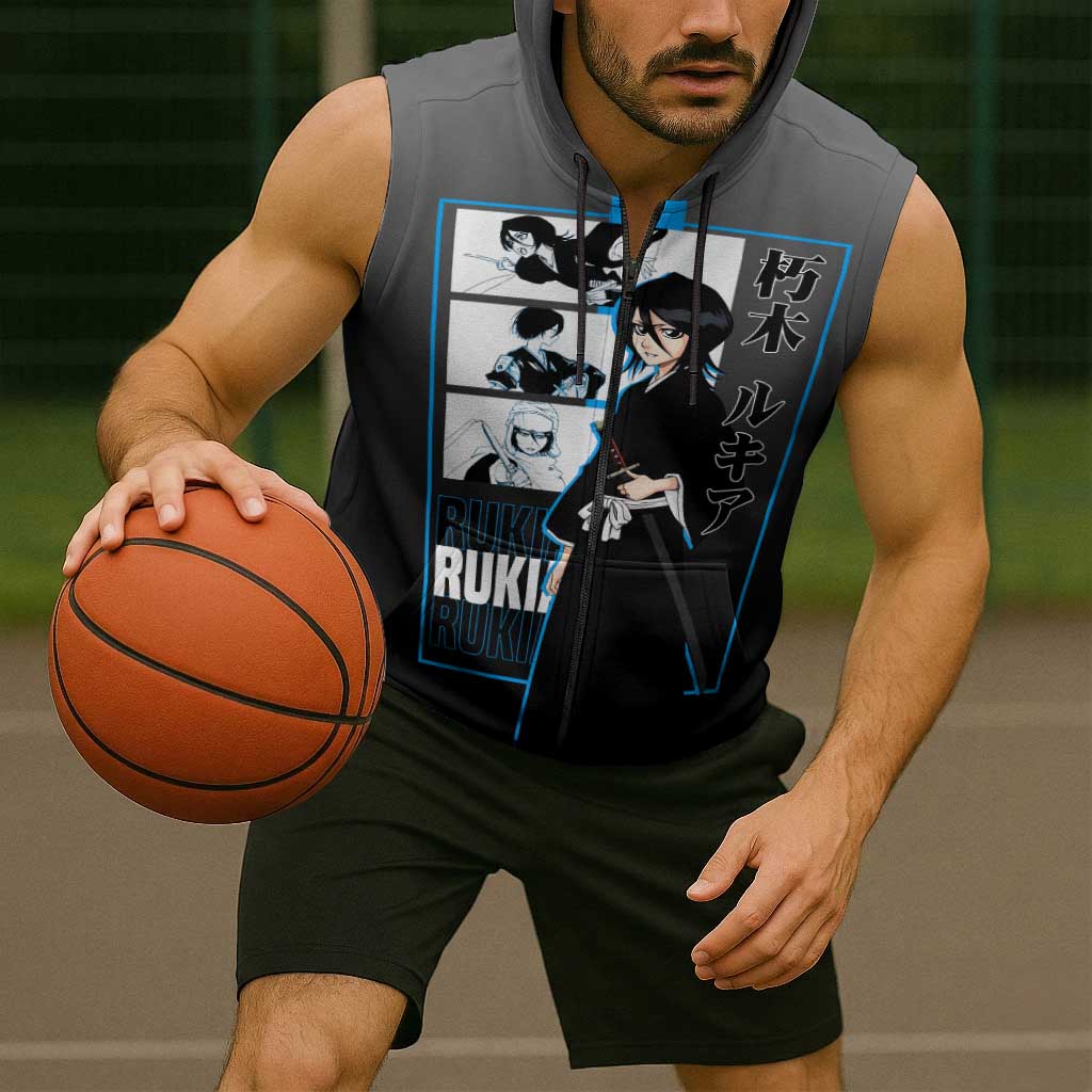 Rukia Kuchiki Bleach Sleeveless Zip Hoodie with Zanpakuto and Elegant Combat Pose Design - The Mazicc