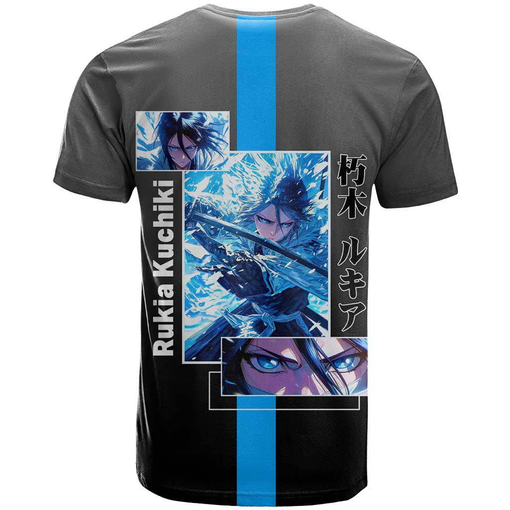 Rukia Kuchiki Bleach T Shirt with Zanpakuto and Elegant Combat Pose Design - The Mazicc