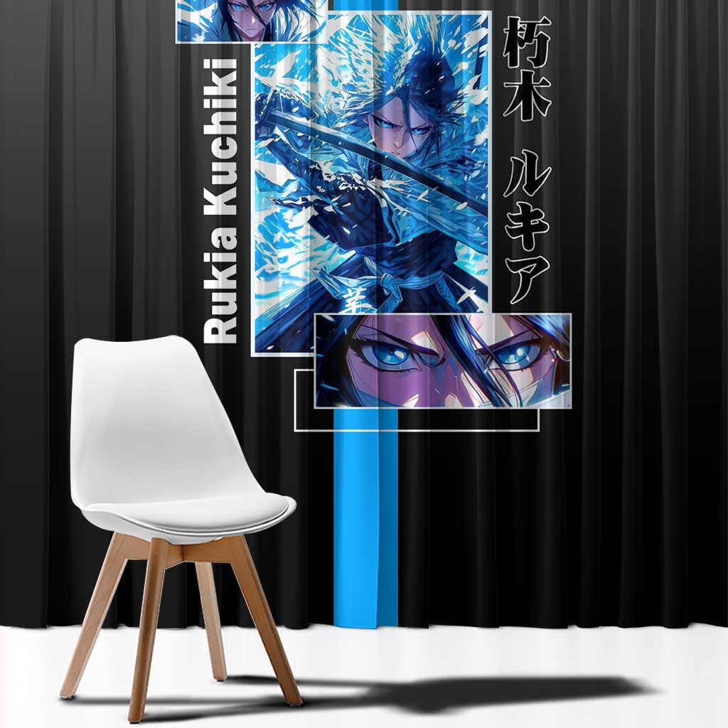 Rukia Kuchiki Bleach Window Curtain with Zanpakuto and Elegant Combat Pose Design - The Mazicc