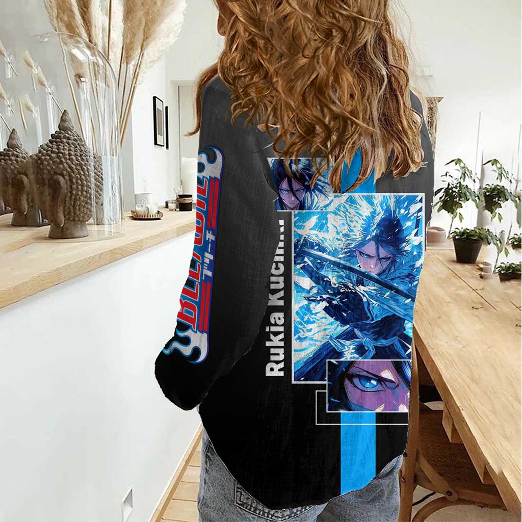 Rukia Kuchiki Bleach Women Casual Shirt with Zanpakuto and Elegant Combat Pose Design - The Mazicc