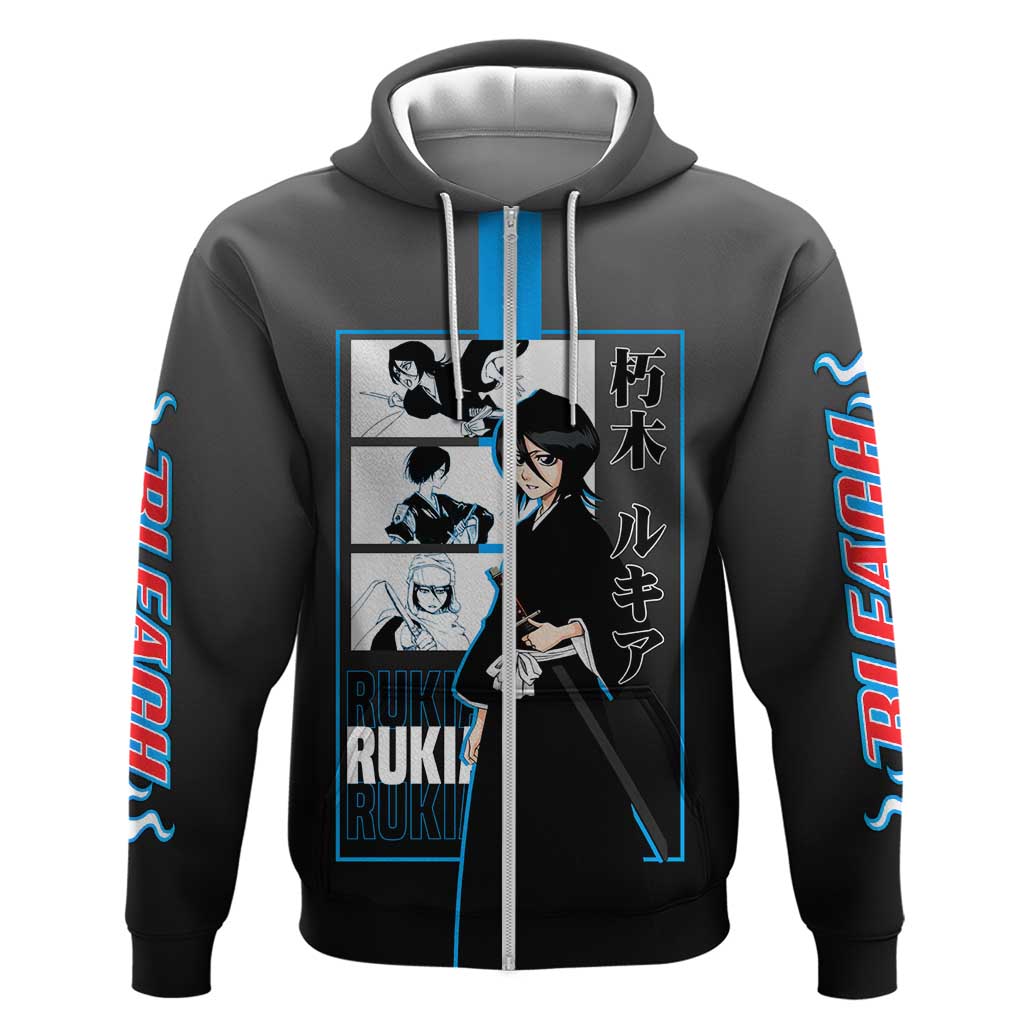 Rukia Kuchiki Bleach Zip Hoodie with Zanpakuto and Elegant Combat Pose Design - The Mazicc