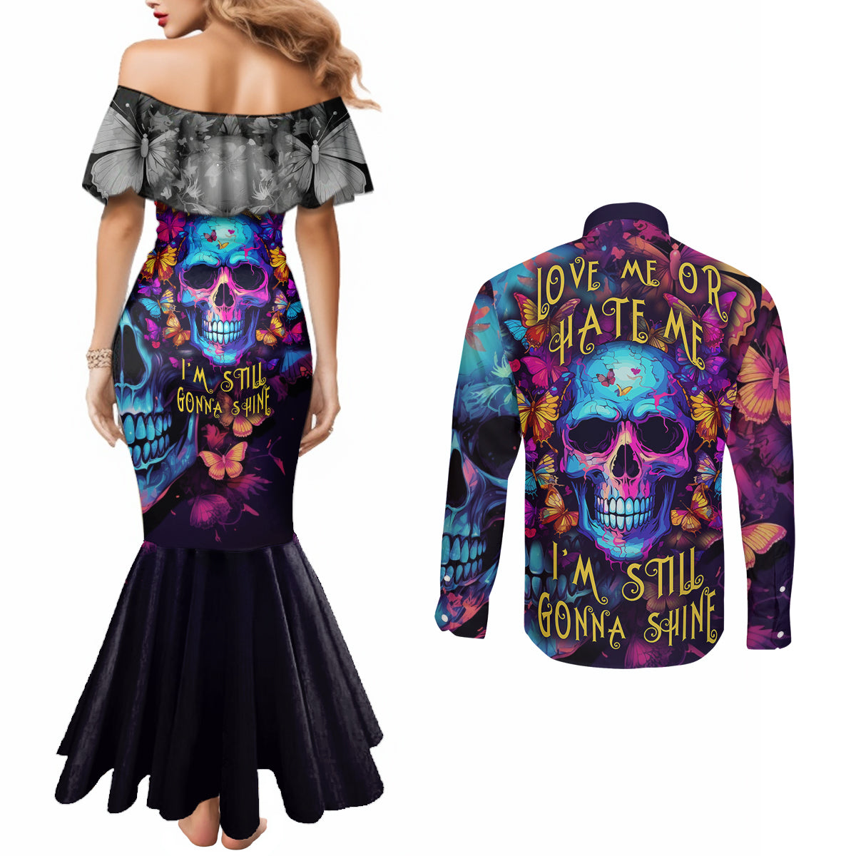 fantasy-skull-with-butterflies-couples-matching-mermaid-dress-and-long-sleeve-button-shirts-love-me-or-hate-me-im-still-gonna-shine