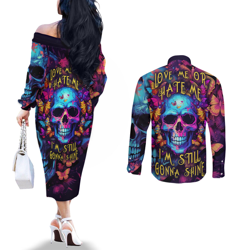 fantasy-skull-with-butterflies-couples-matching-off-the-shoulder-long-sleeve-dress-and-long-sleeve-button-shirts-love-me-or-hate-me-im-still-gonna-shine