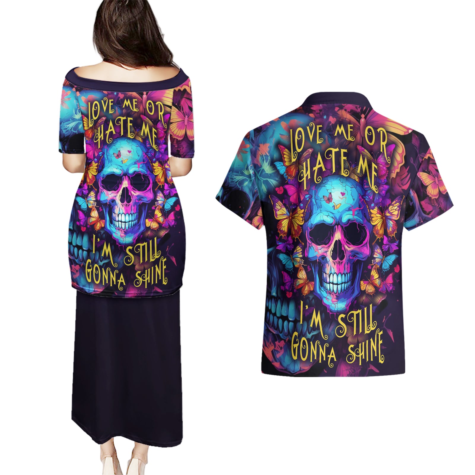 fantasy-skull-with-butterflies-couples-matching-puletasi-dress-and-hawaiian-shirt-love-me-or-hate-me-im-still-gonna-shine