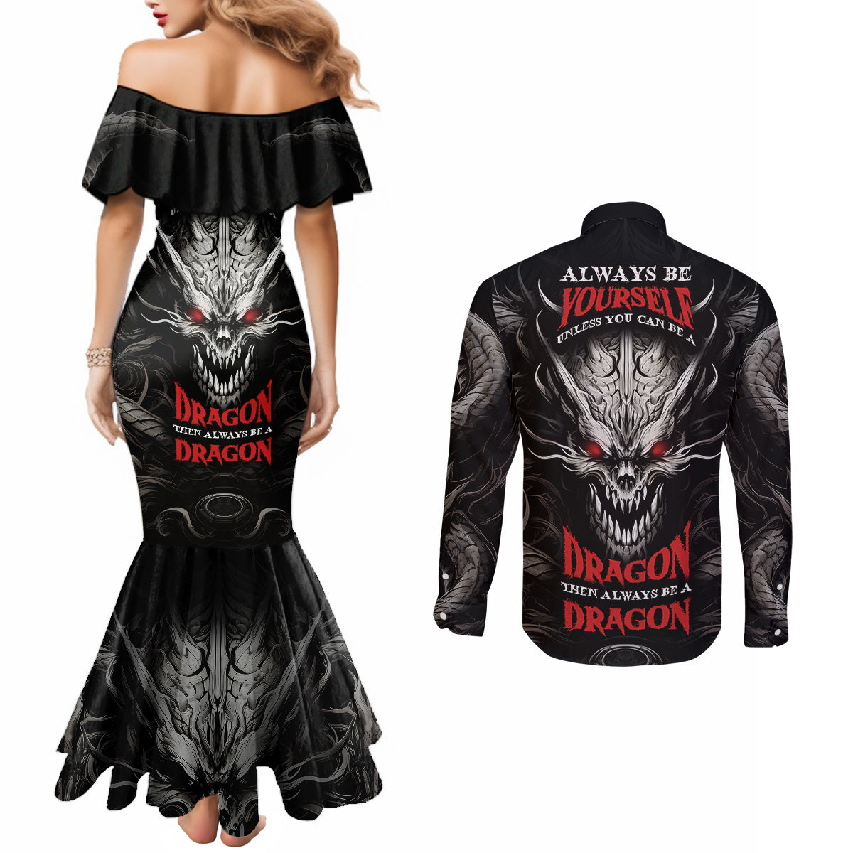 demon-skull-couples-matching-mermaid-dress-and-long-sleeve-button-shirts-always-be-yourself-unless-you-can-be-a-dragon-then-always-be-a-dragon
