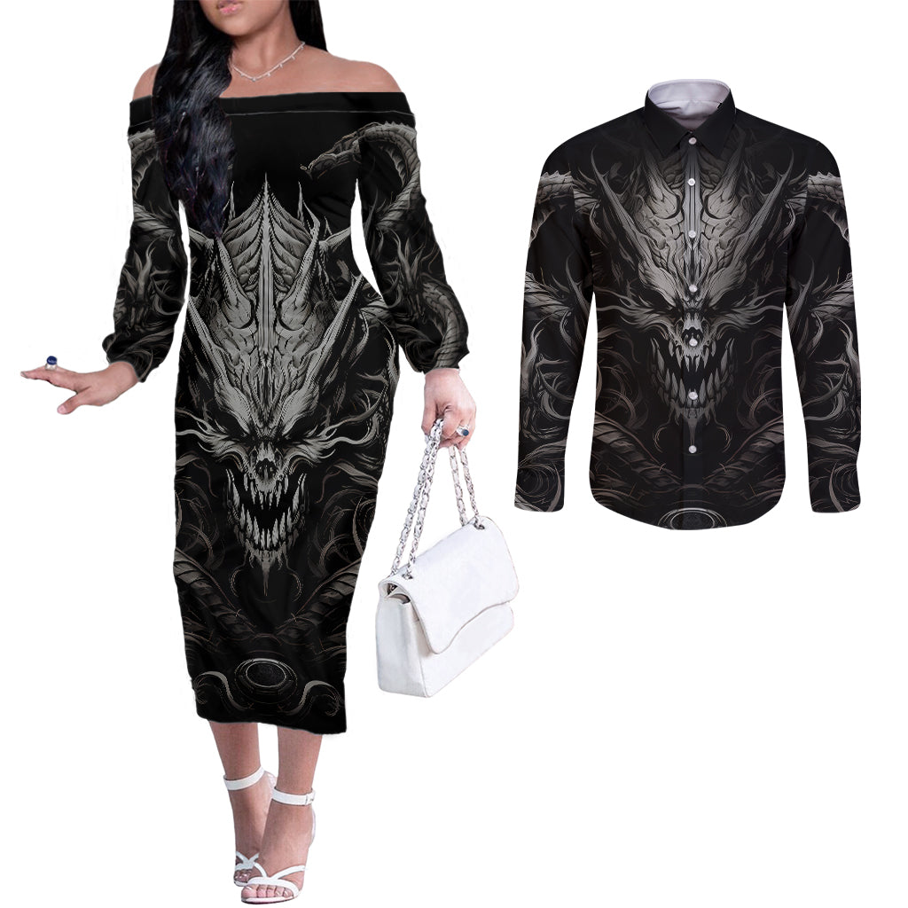 demon-skull-couples-matching-off-the-shoulder-long-sleeve-dress-and-long-sleeve-button-shirts-always-be-yourself-unless-you-can-be-a-dragon-then-always-be-a-dragon