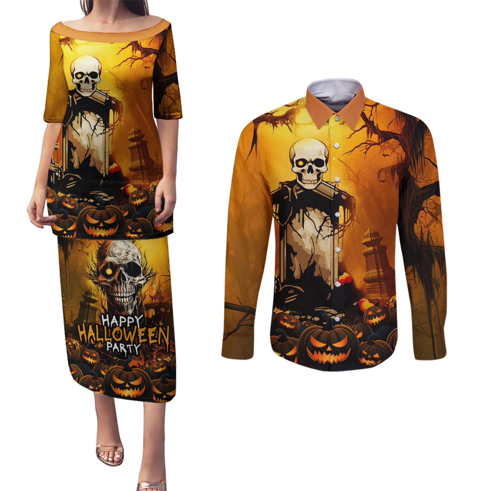 happy-halloween-party-couples-matching-puletasi-dress-and-long-sleeve-button-shirts
