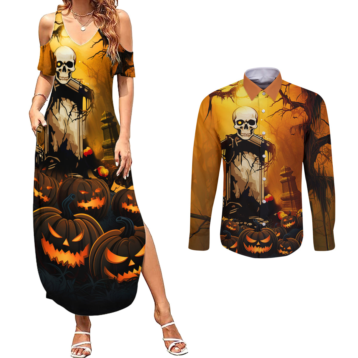 happy-halloween-party-couples-matching-summer-maxi-dress-and-long-sleeve-button-shirts
