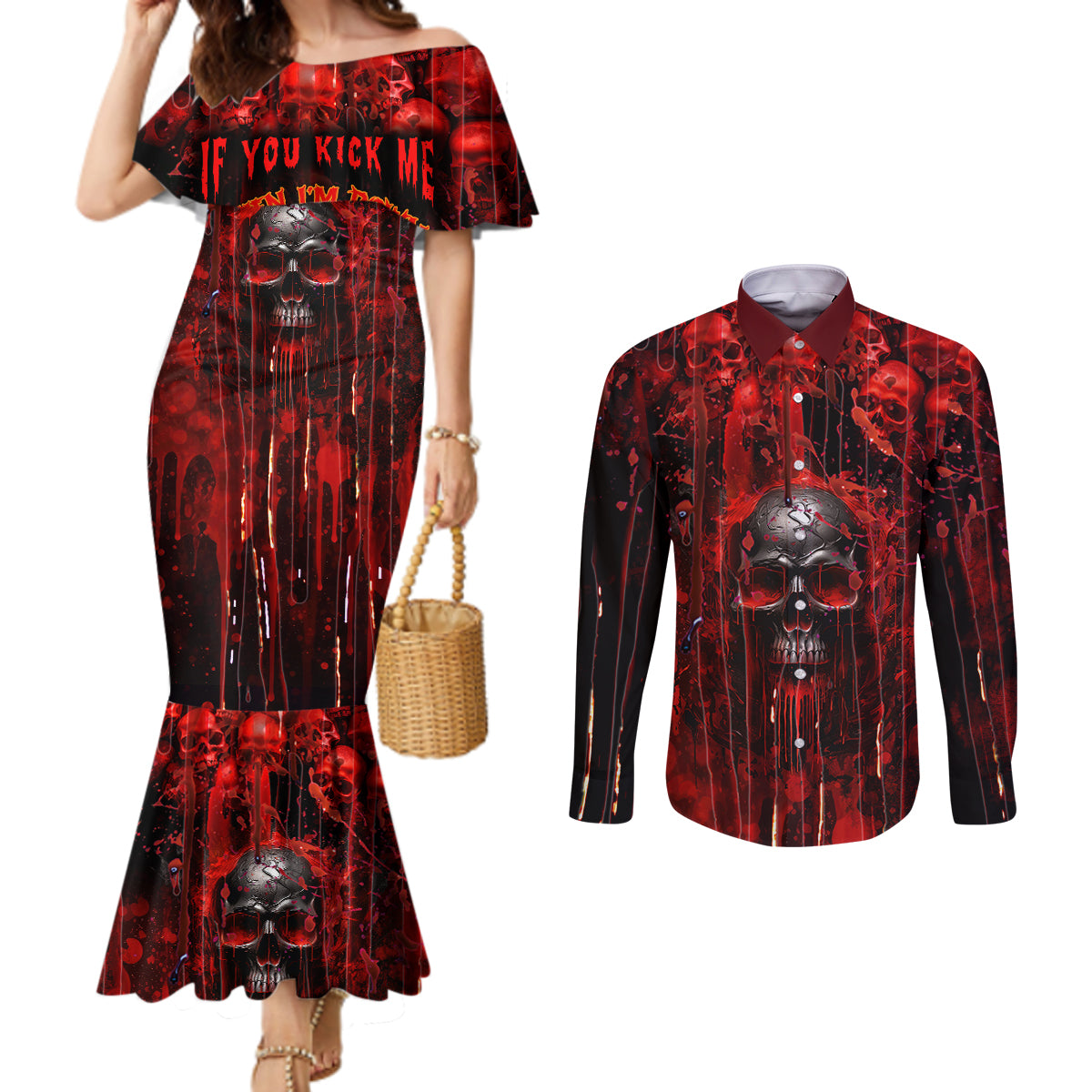 if-you-kick-me-when-im-down-you-better-pray-i-dont-get-up-skull-couples-matching-mermaid-dress-and-long-sleeve-button-shirts