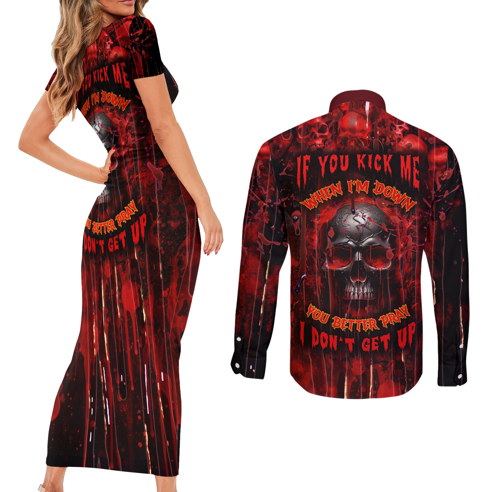 if-you-kick-me-when-im-down-you-better-pray-i-dont-get-up-skull-couples-matching-short-sleeve-bodycon-dress-and-long-sleeve-button-shirts