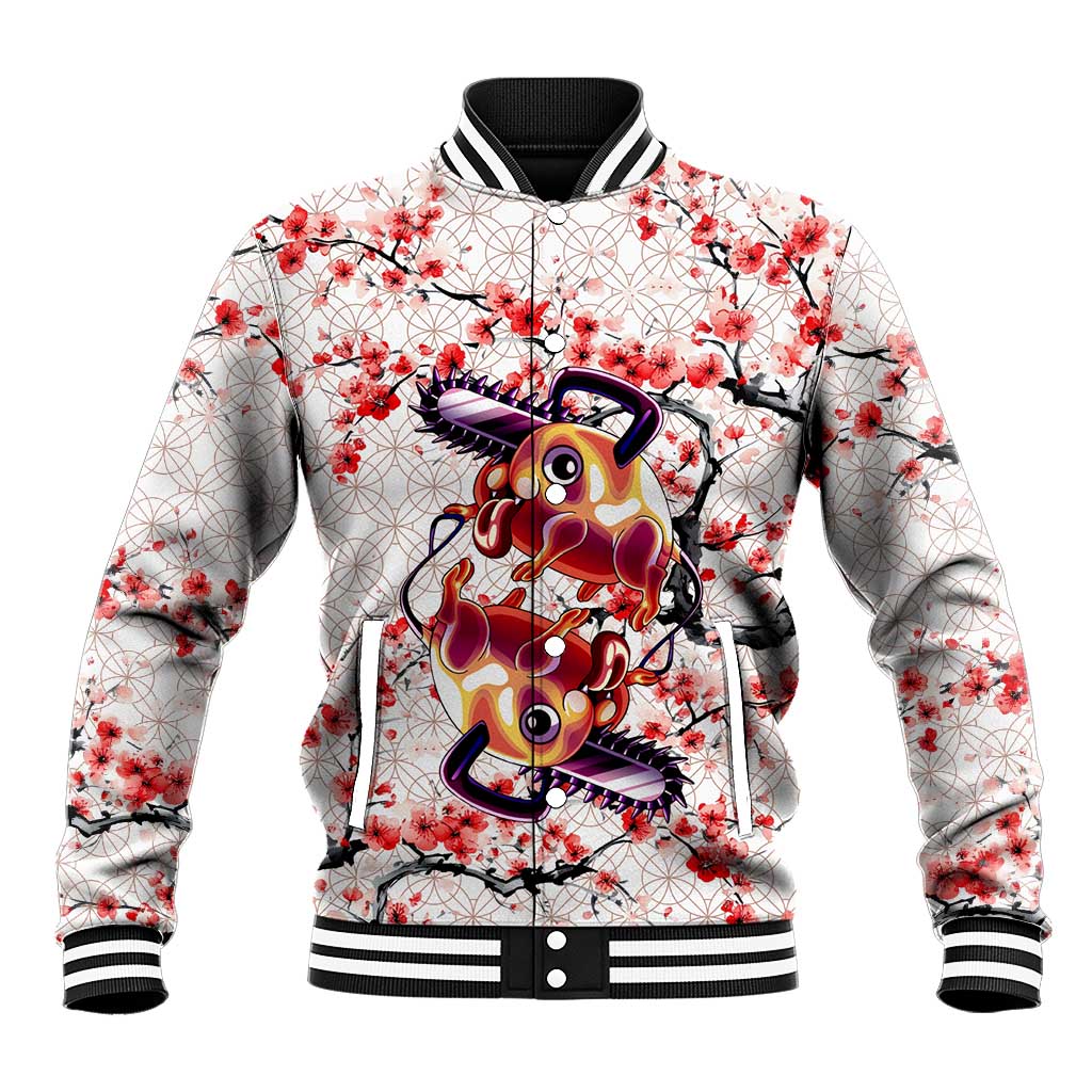 Denji x Pochita Chainsaw Man Baseball Jacket Anime Mix Cherry Blossom Style - The Mazicc