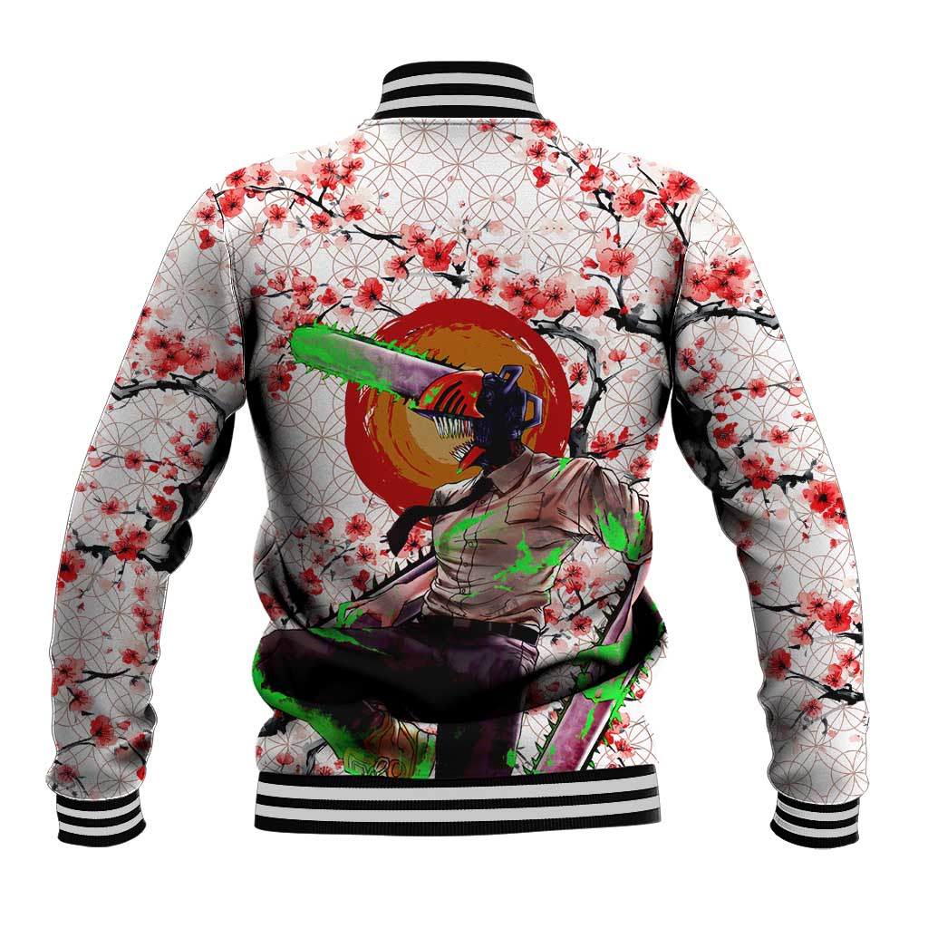 Denji x Pochita Chainsaw Man Baseball Jacket Anime Mix Cherry Blossom Style - The Mazicc